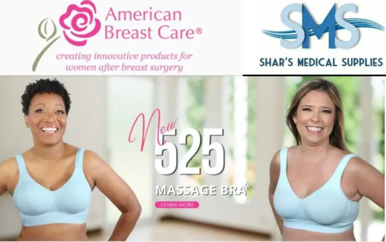 Two women wearing light blue bras, smiling. Text reads "American Breast Care" and "New 525 Massage Bra". Logos of American Breast Care and Shar's Medical Supplies are visible.