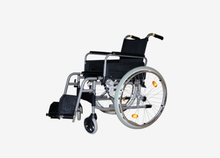 A standard manual wheelchair with a black seat and metal frame on a white background.