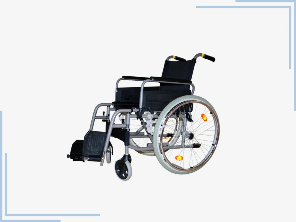 A black and silver manual wheelchair with large rear wheels and small front wheels, shown at an angle on a white background.