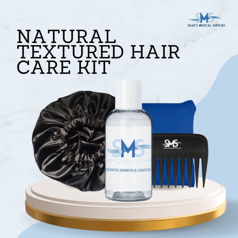 Hair care kit for natural textured hair includes a satin bonnet, shampoo and conditioner bottle, pillowcase, and a wide-tooth comb.